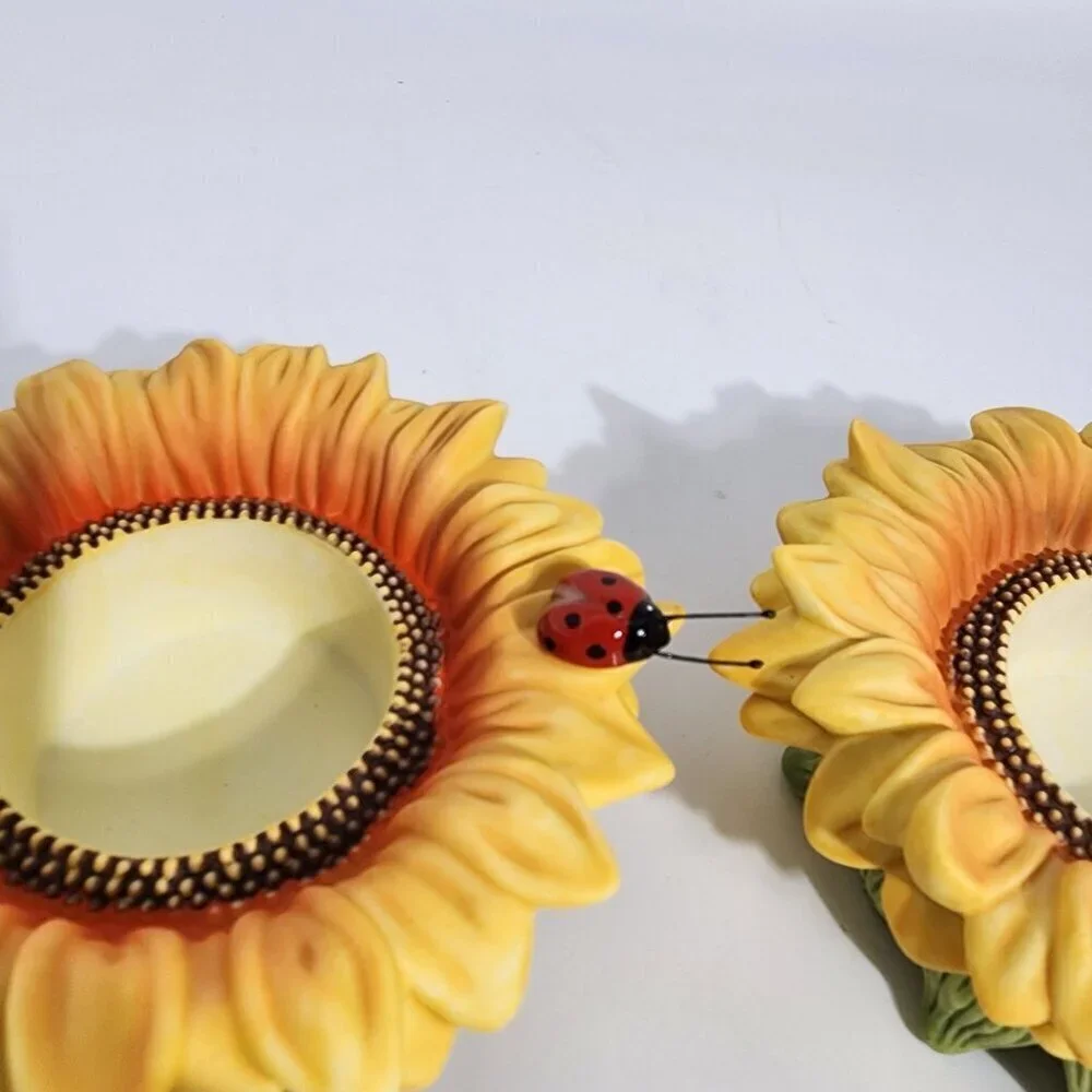 Sunflower Shaped Ceramic Candle Holders With Ladybug Butterfly Accents Partylite